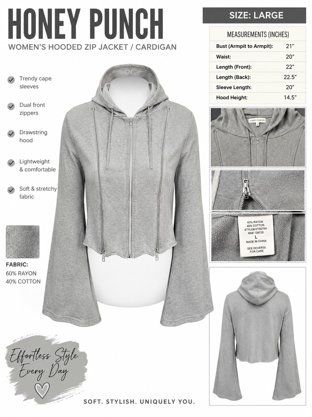Honey Punch Women's Gray Hooded Zip Jacket — Size Large
